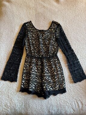 Black Lace Overlay Romper with Cream Underlay